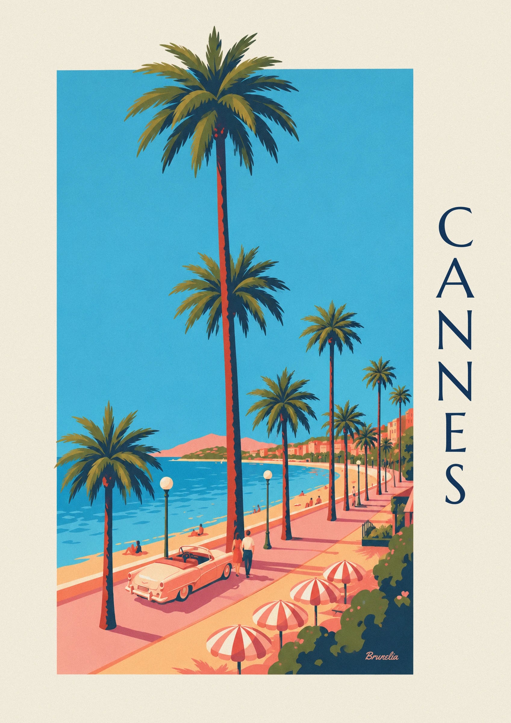 The pink convertible and the couple out for a drive, facing the beach and 2 striped parasols