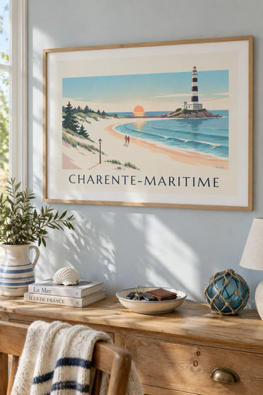 Poster Leuchtturm von Chassiron auf der Île d'Oléron bei Sonnenuntergang: gerahmt an der Wand