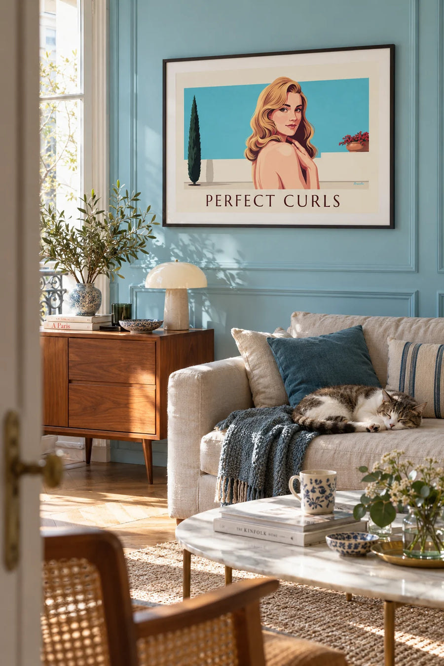 Glamorous pin-up with long wavy hair poster: framed on the wall