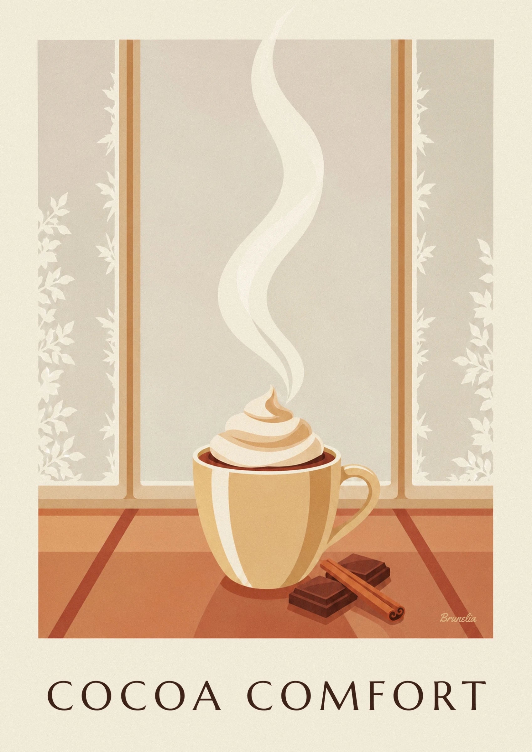 A golden cup of hot chocolate topped with whipped cream, with chocolate and cinnamon