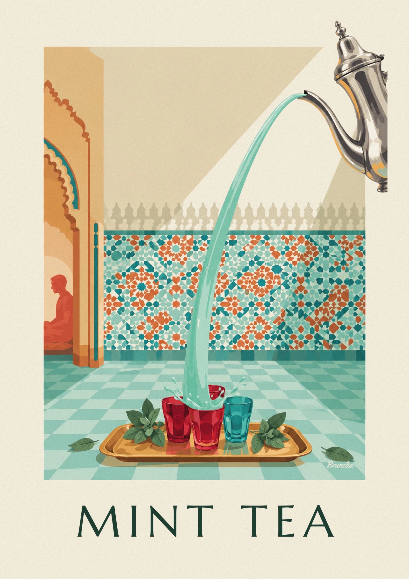 Les verres rouges et turquoise sur un plateau doré, entourés de feuilles de menthe
