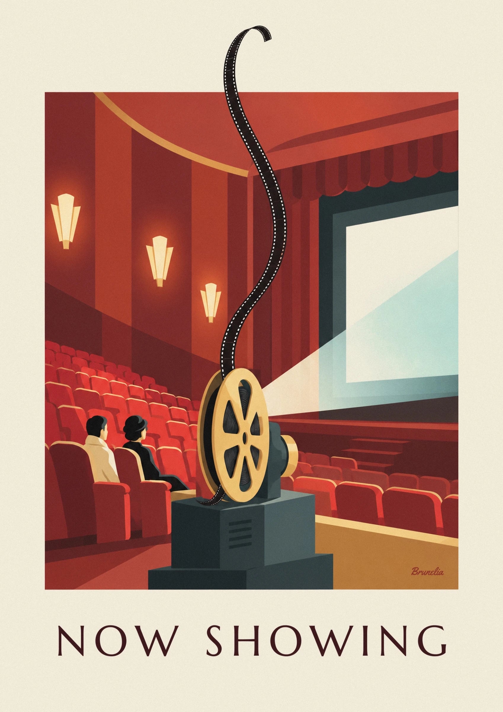 La bobine dorée et sa pellicule noire sur le projecteur, devant les fauteuils rouges