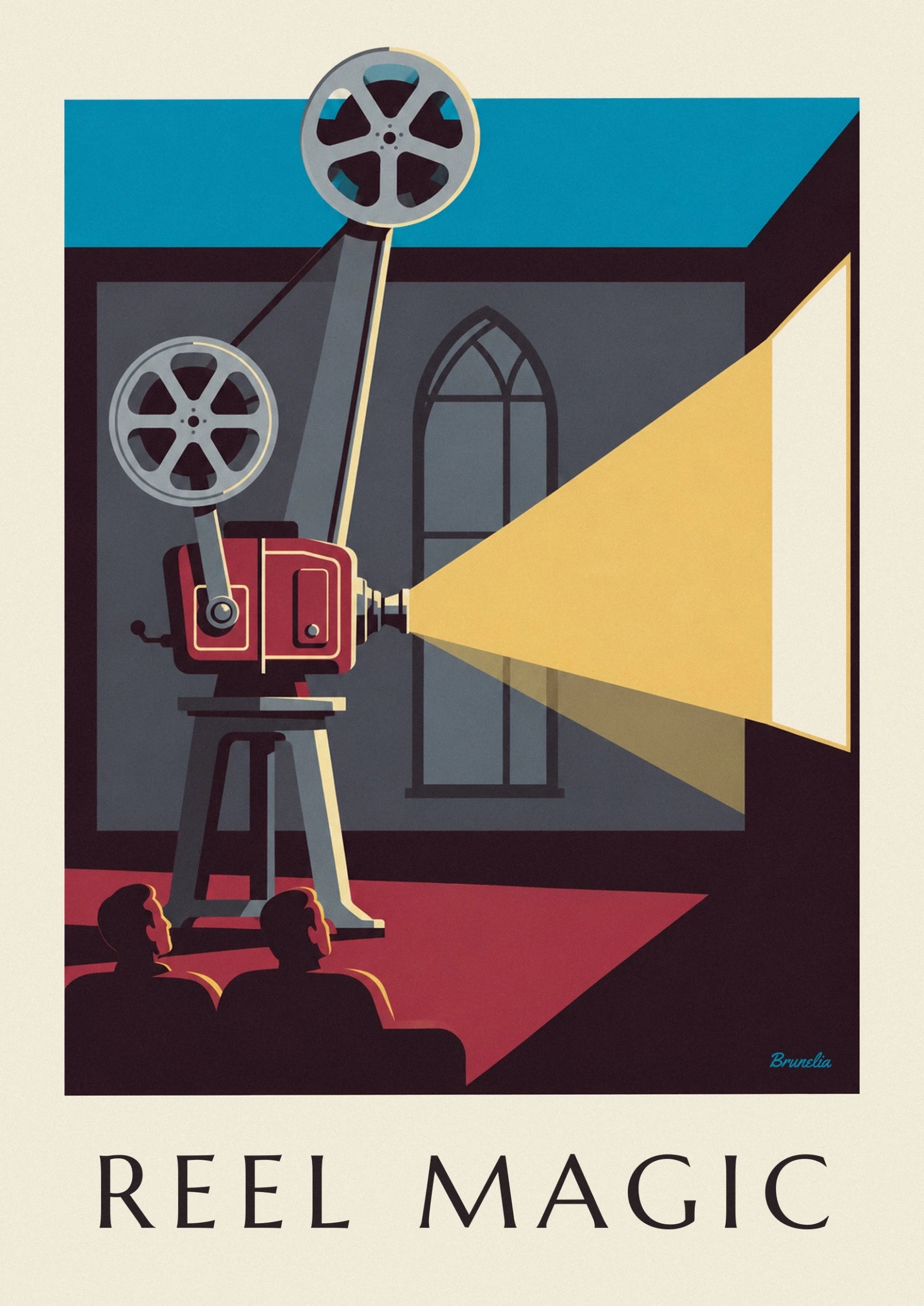 Le projecteur rouge à liserés crème, avec sa bobine et son pied gris