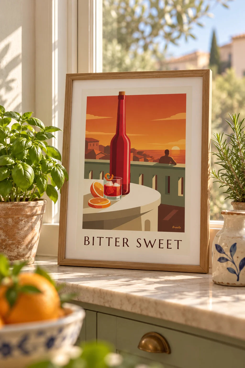 Küche: Poster Negroni-Cocktail und Orangenzeste auf einer Terrasse im Raum
