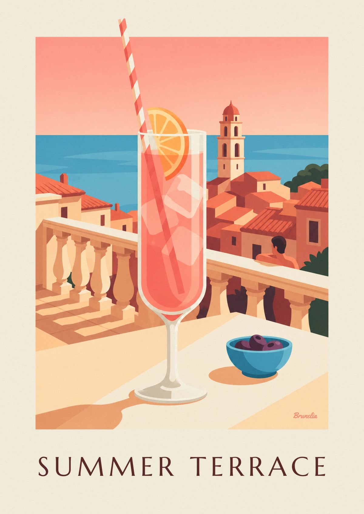 Pink summer cocktail on a sea-view terrace poster