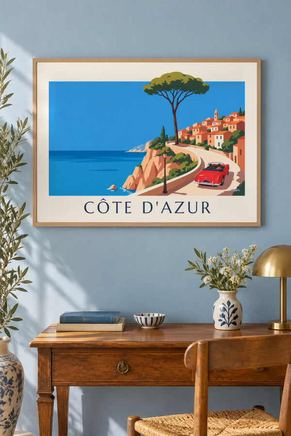Affiche cabriolet rouge sur la corniche de la Côte d'Azur