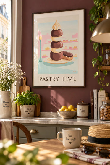 Poster Schokoladen-Eclair und Religieuse aus der Pâtisserie: gerahmt an der Wand