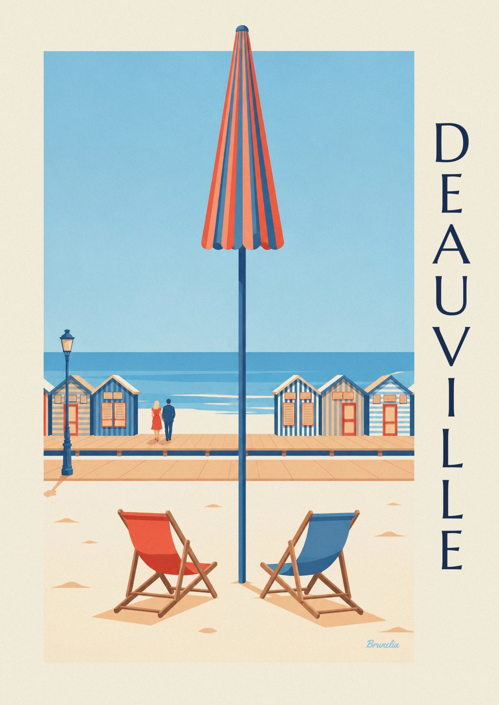 Un parasol fermé aux rayures orange et bleues sur fond de mer turquoise