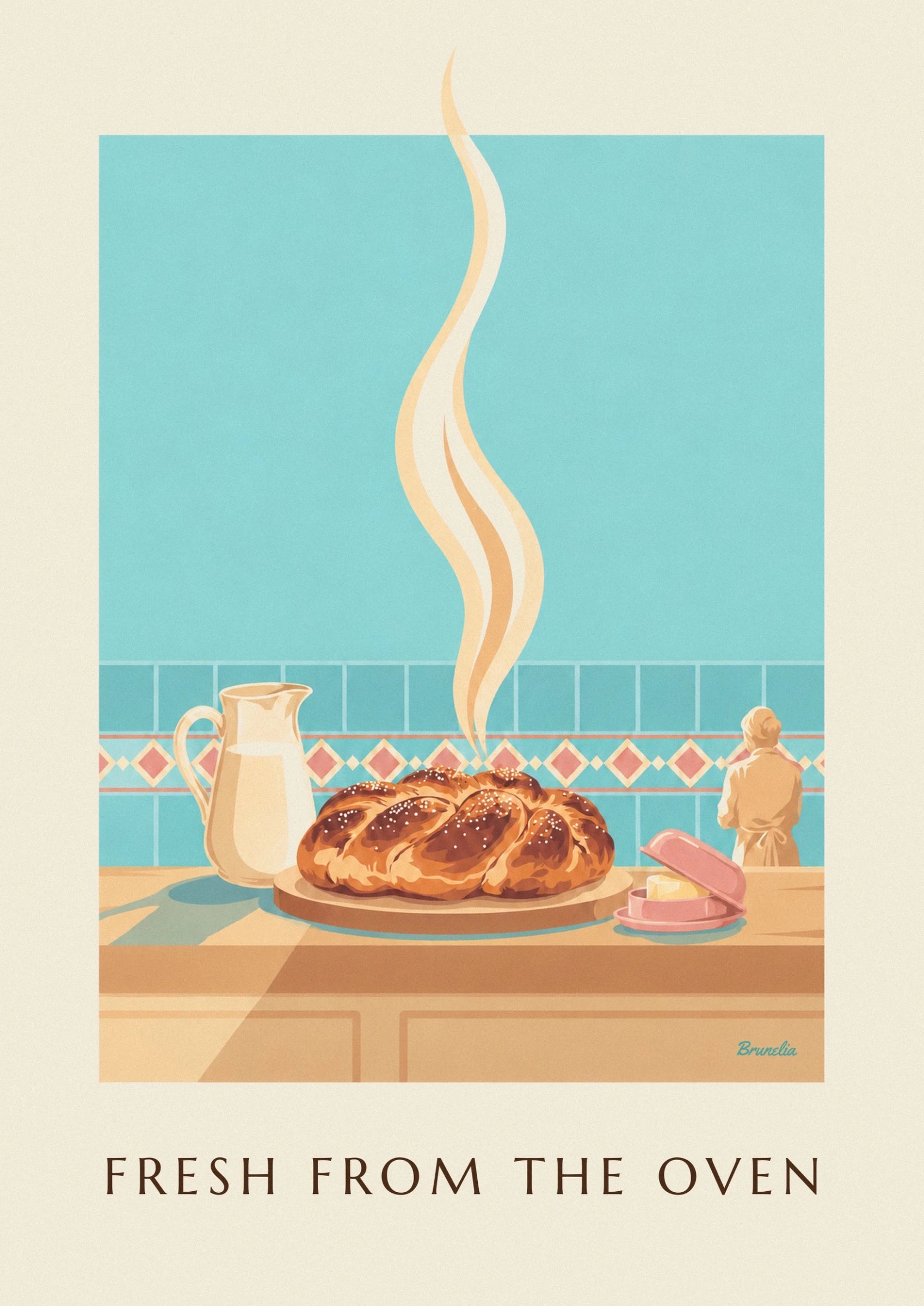 La brioche tressée dorée au sucre perlé sur sa planche, devant le carrelage turquoise