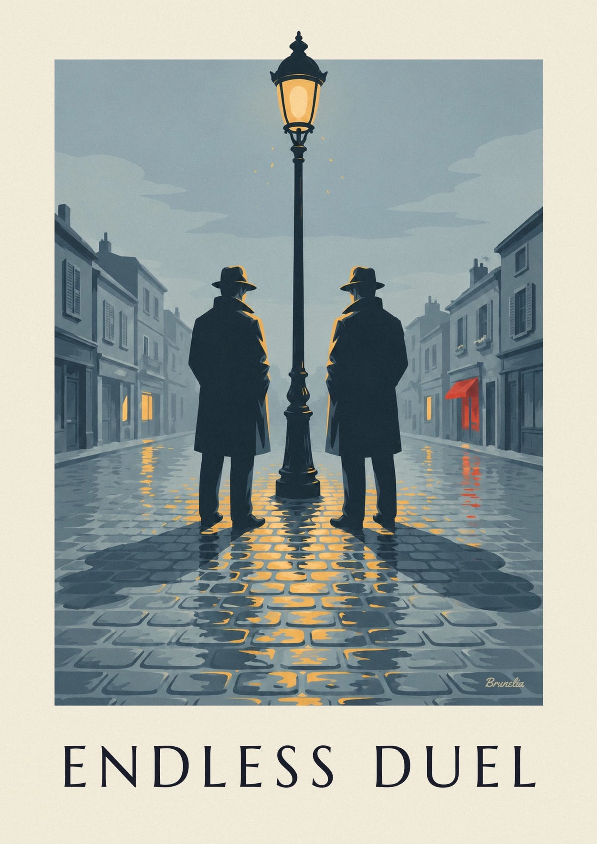 Film noir duel under a streetlamp on a rainy night poster