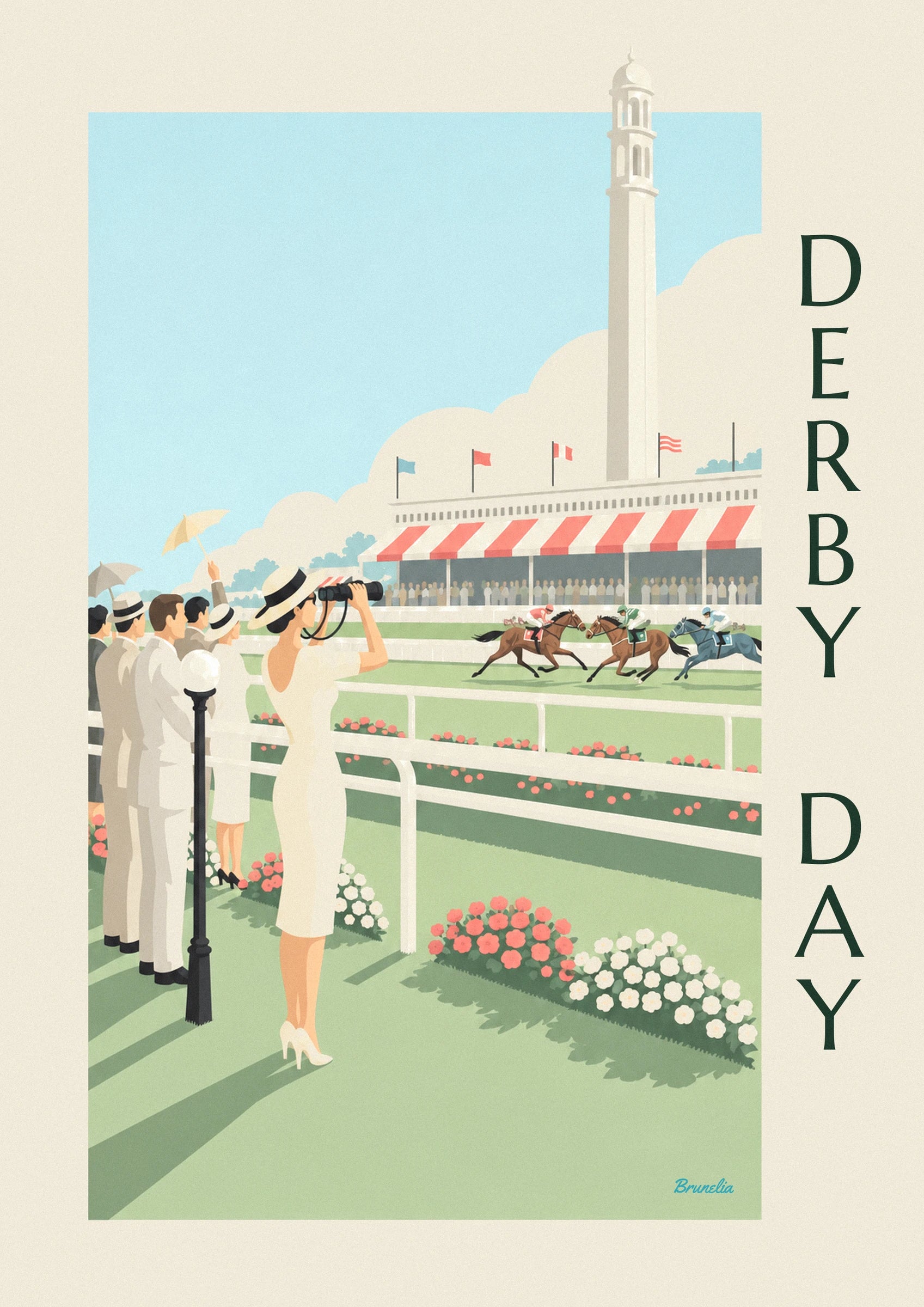 La femme en robe blanche et chapeau à ruban noir, jumelles aux yeux, devant la barrière