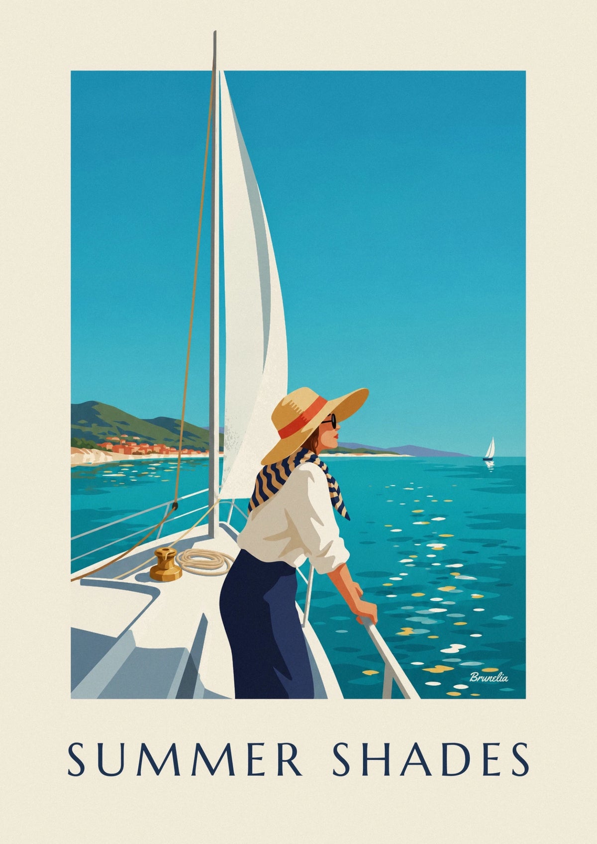 Woman in sunglasses and hat on a sailboat poster