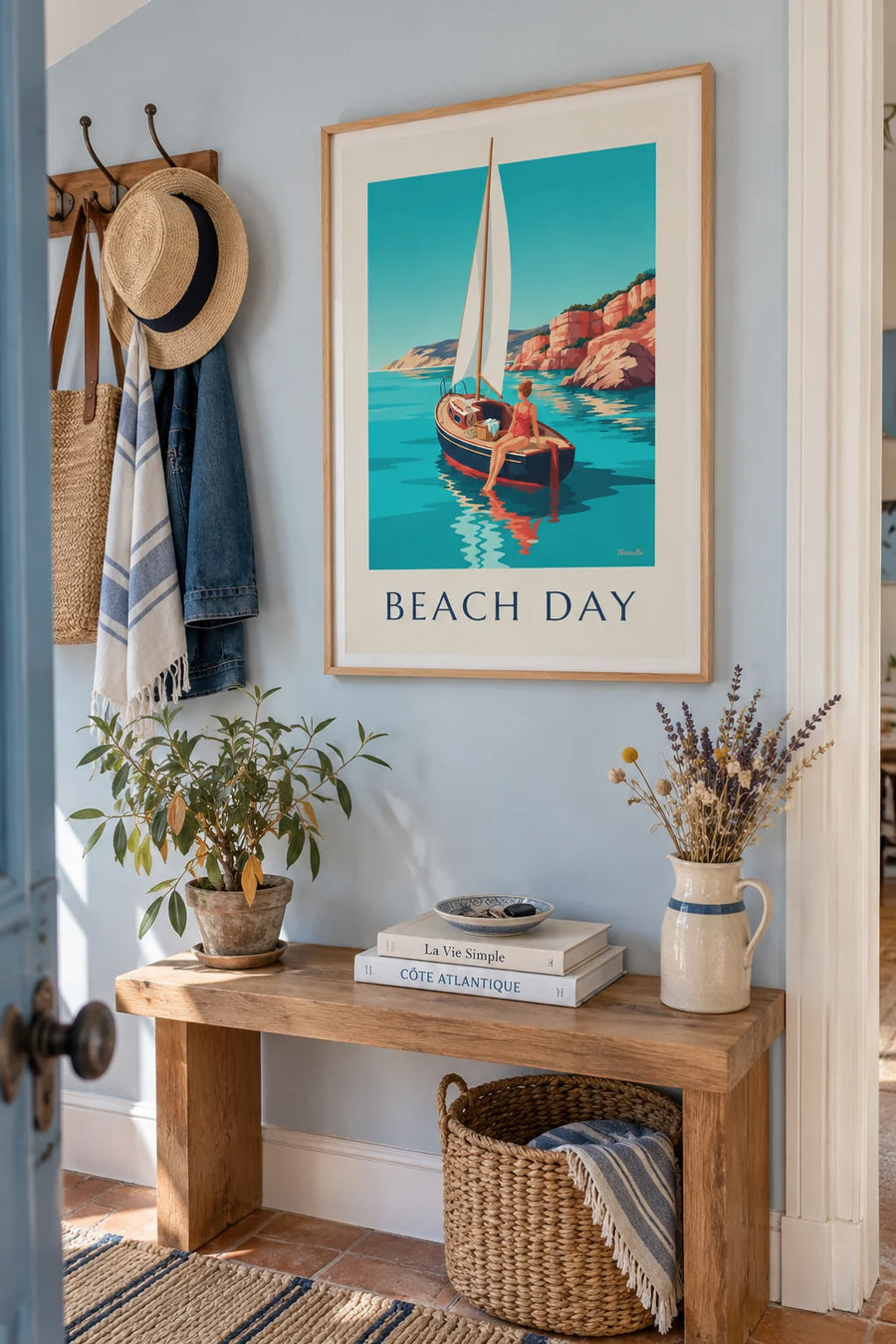 Woman in a polka dot swimsuit on a sailboat poster: framed on the wall