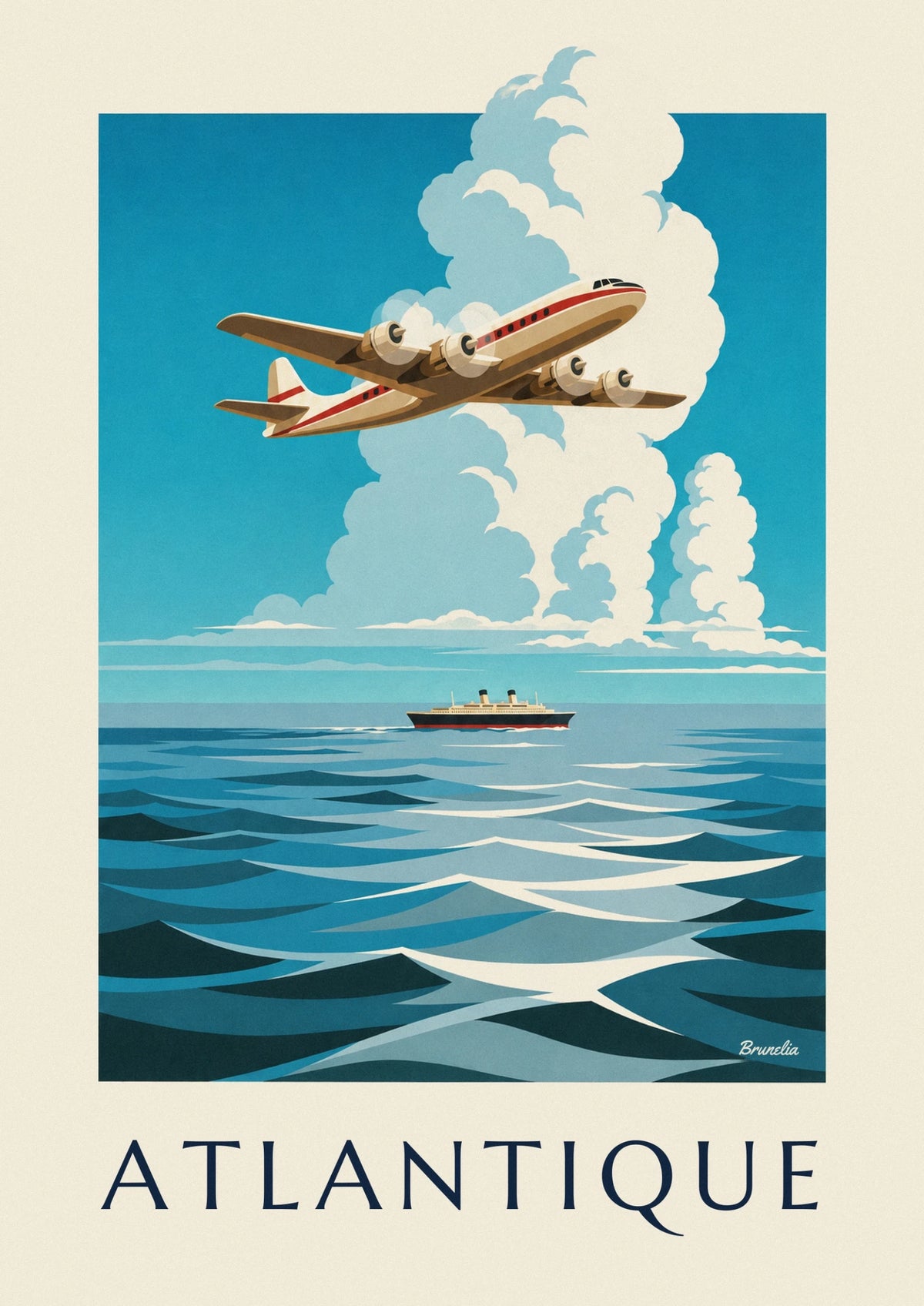 Affiche avion quadrimoteur au-dessus de l'Atlantique