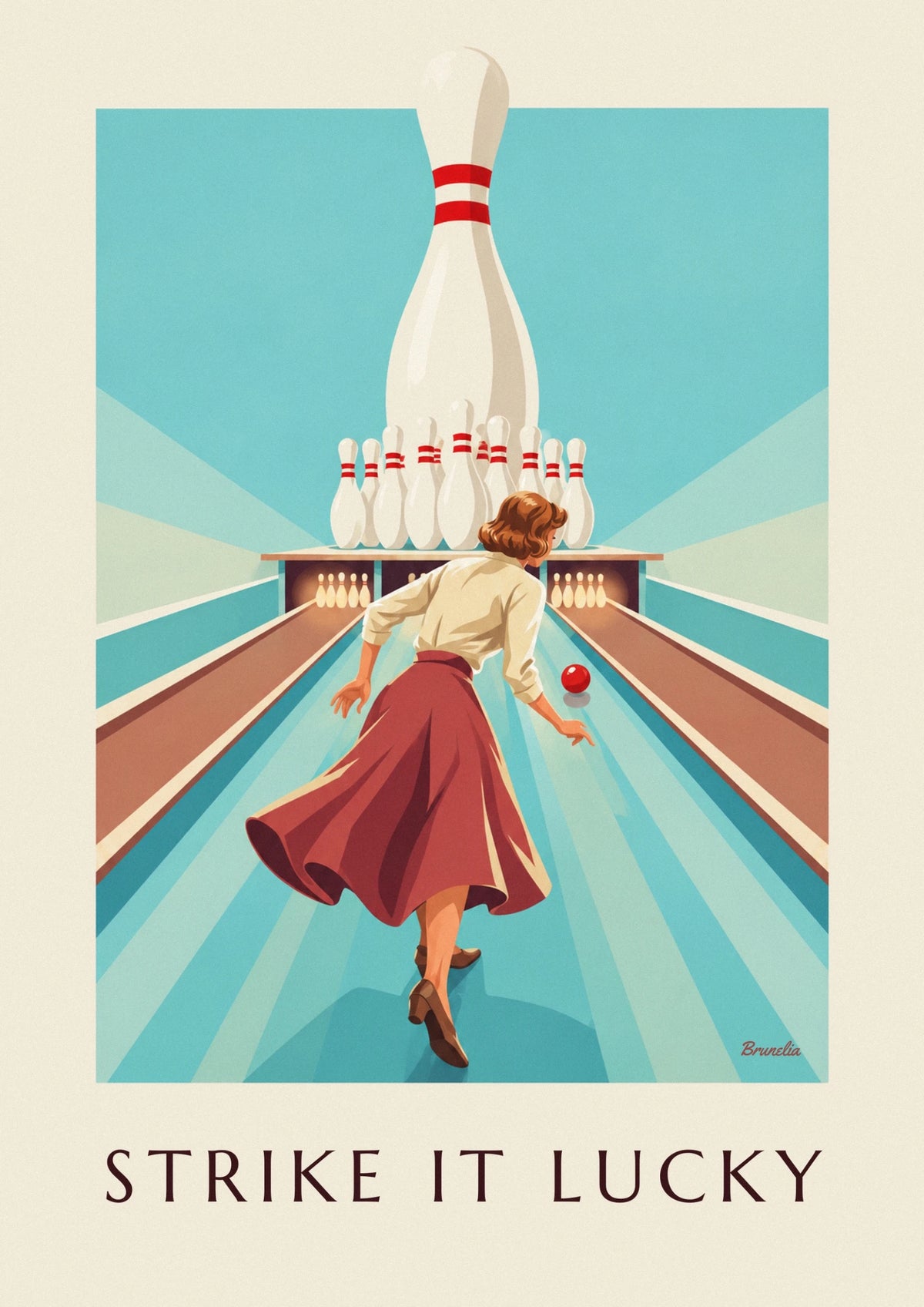 Affiche pin-up lançant une boule de bowling
