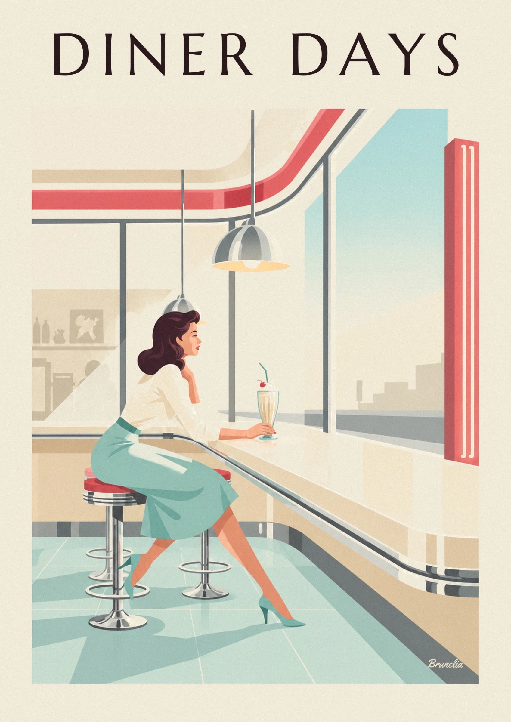 La pin-up en jupe turquoise et son milk-shake à la cerise, accoudée au comptoir