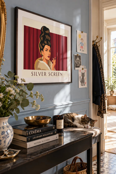 Glamorous femme fatale portrait poster with velvet curtain: framed on the wall