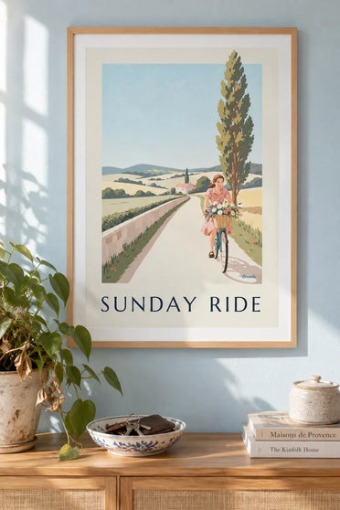 Poster of a woman in a gingham dress riding a bicycle on a country path: framed on the wall