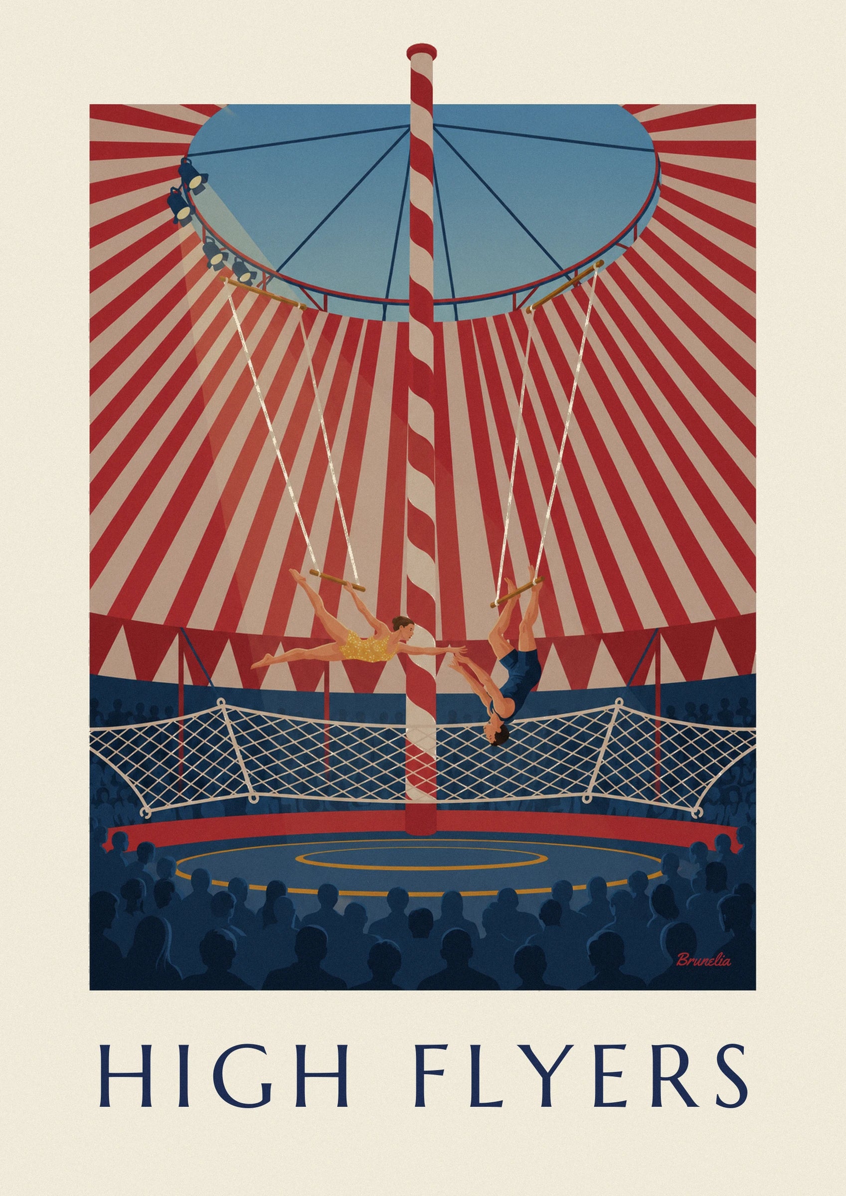 Poster trapezeartiesten onder een gestreepte circustent: detail in close-up