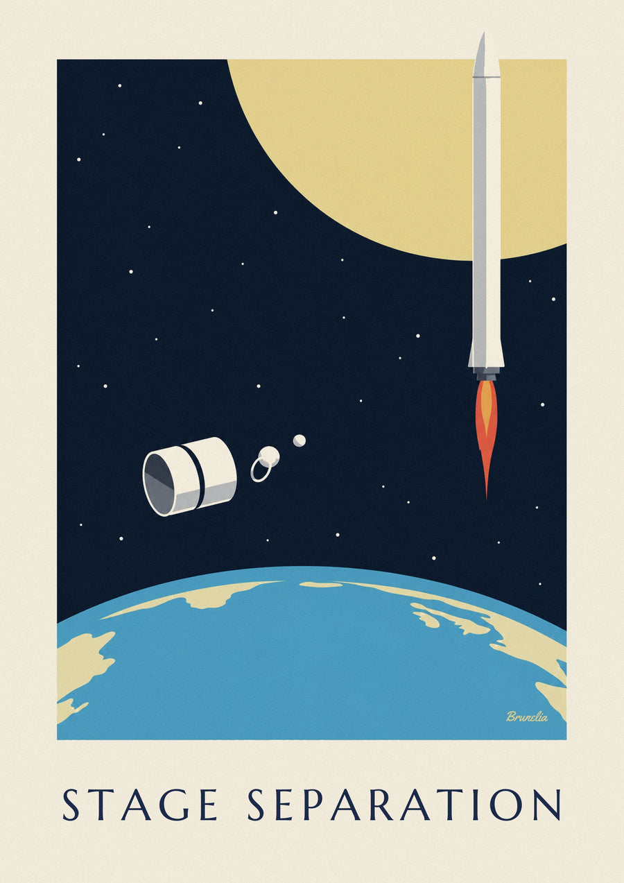 Affiche étages de fusée se séparant au-dessus de la Terre
