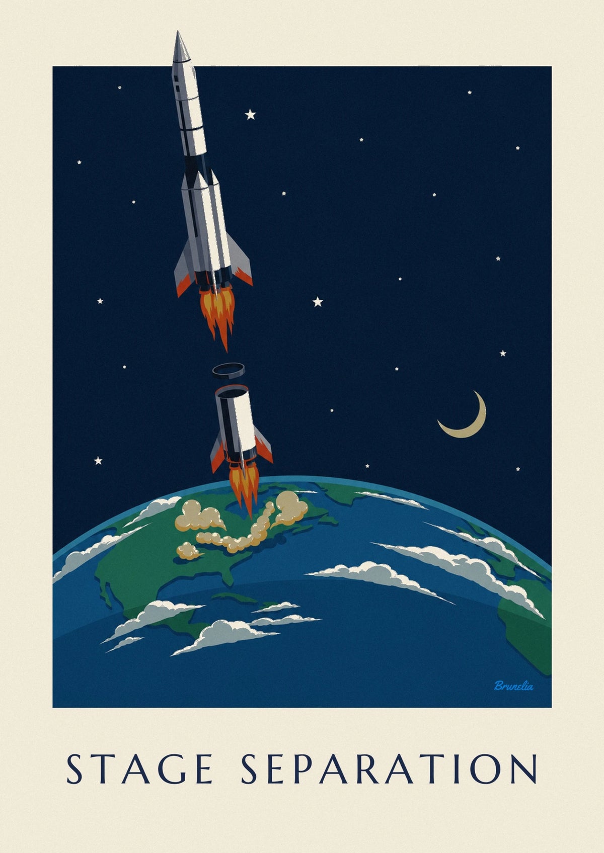 Affiche étages de fusée se séparant au-dessus de la Terre