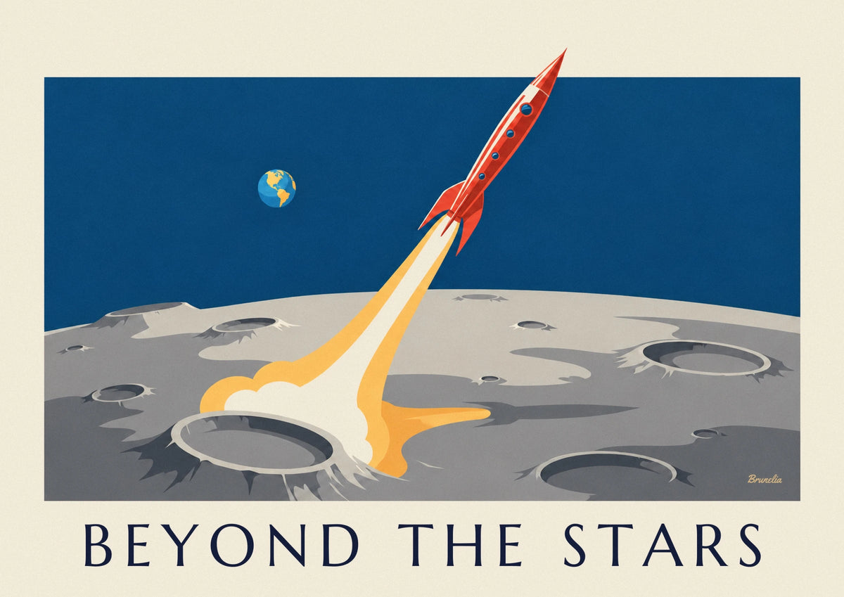 Affiche fusée en orbite autour de la Lune et Terre au loin