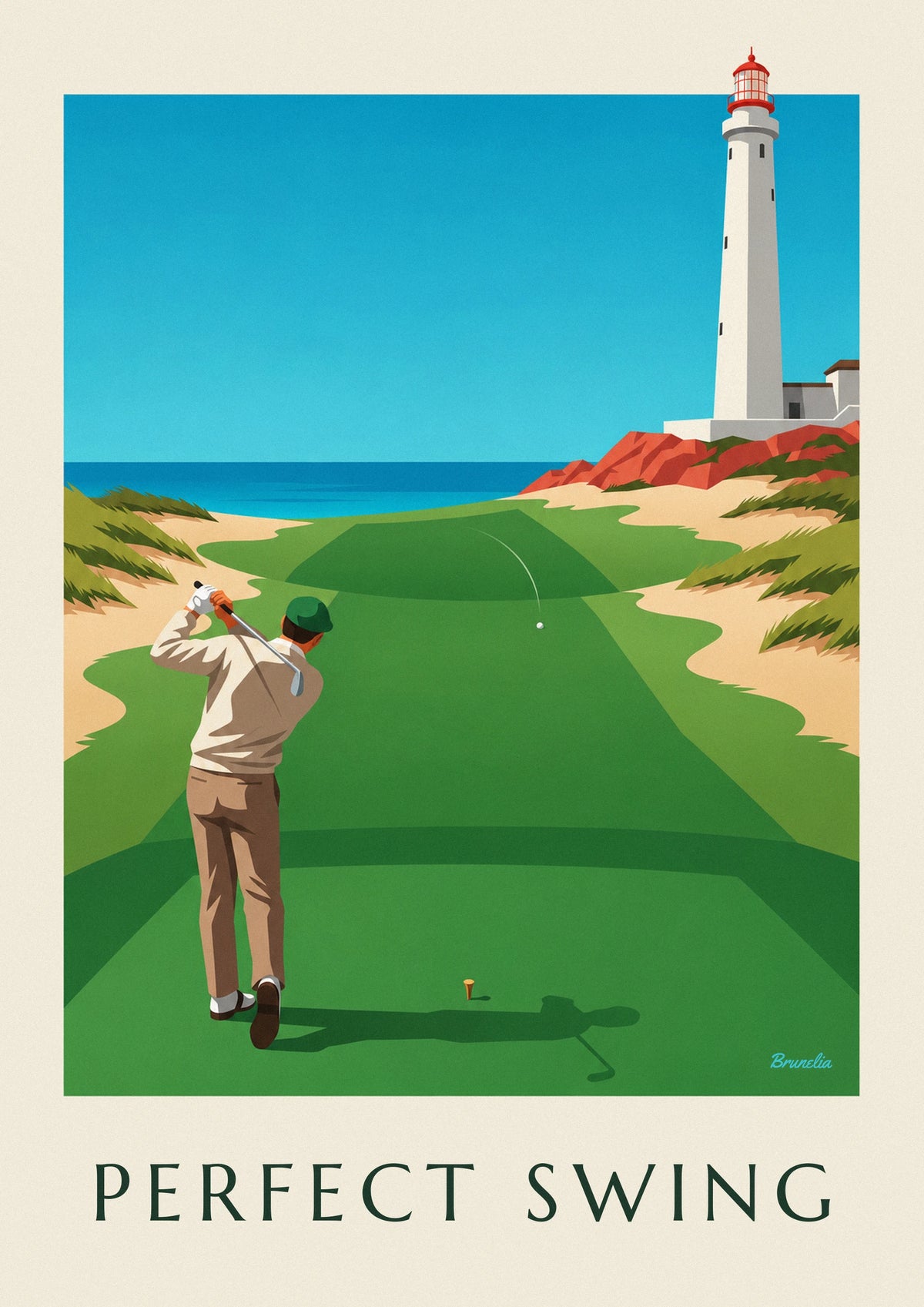 Poster golfer midden in zijn swing op een links aan de klifrand