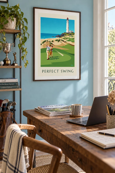 Poster of a golfer mid-swing on a clifftop links: framed on the wall