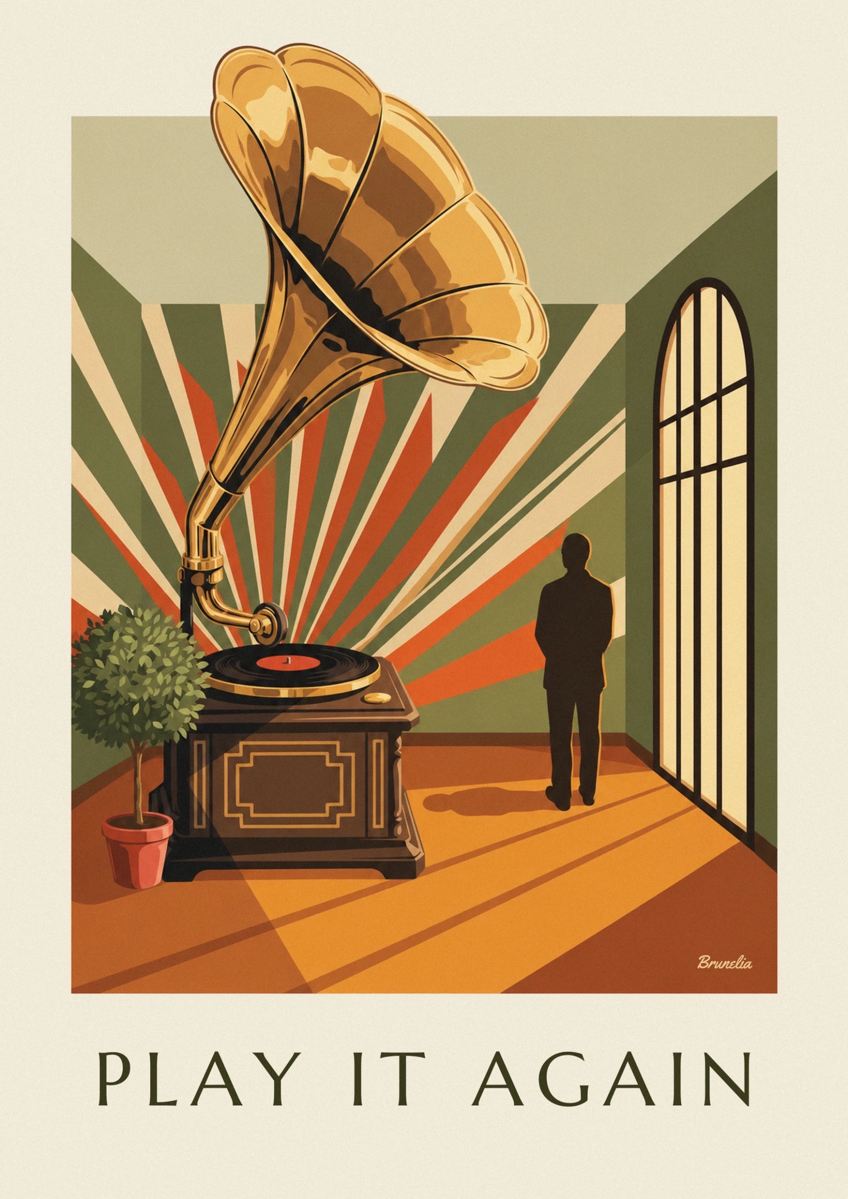 Le pavillon doré du gramophone et ses courbes sur fond de motifs géométriques