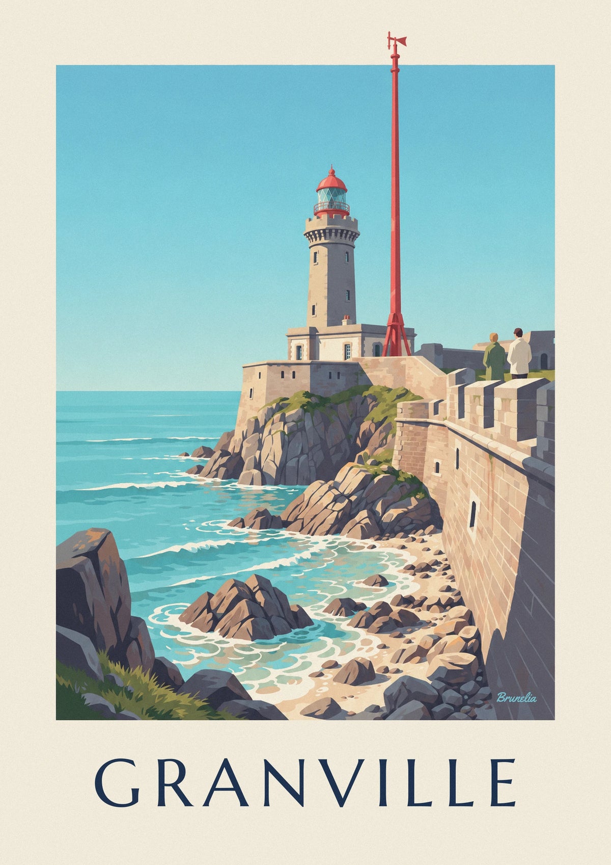 Poster weißer Leuchtturm mit roter Laterne auf den Felsen von Granville