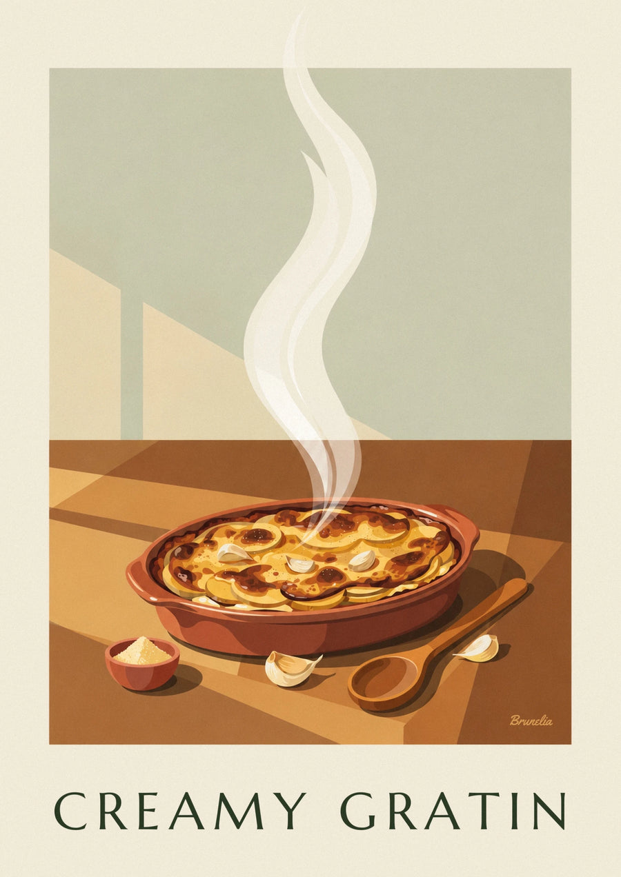 Affiche gratin dauphinois doré dans son plat en terre cuite