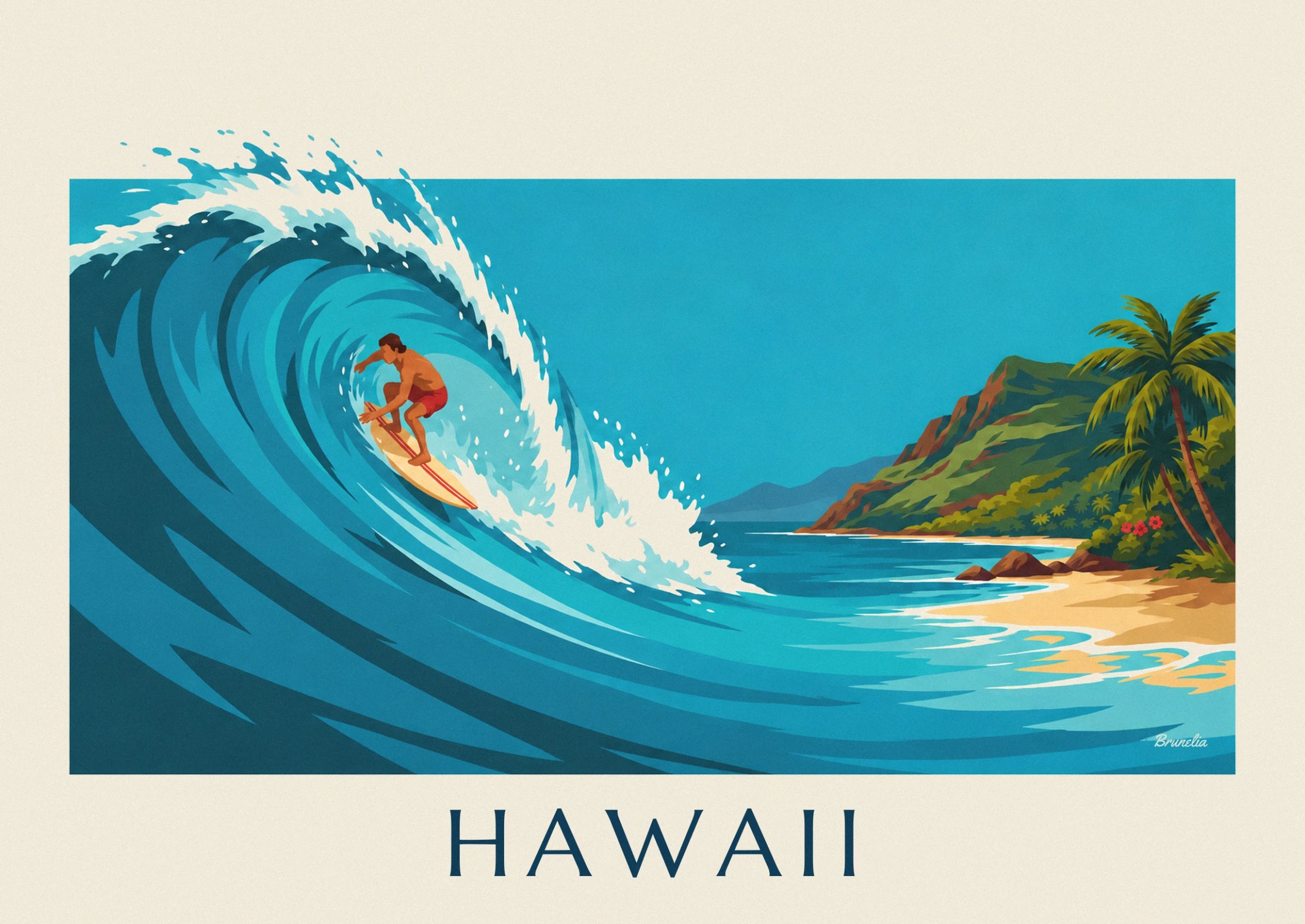 Le surfeur en short rouge sur sa planche crème, dans le tube de la vague turquoise