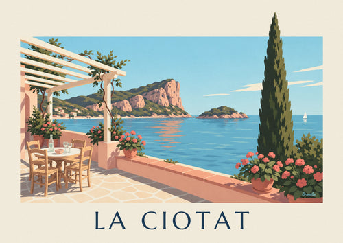 Poster mit mediterraner Terrasse und dem Bec de l'Aigle in La Ciotat: das ganze Poster
