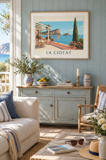 Poster mediterraan terras en Bec de l'Aigle in La Ciotat: ingelijst aan de muur