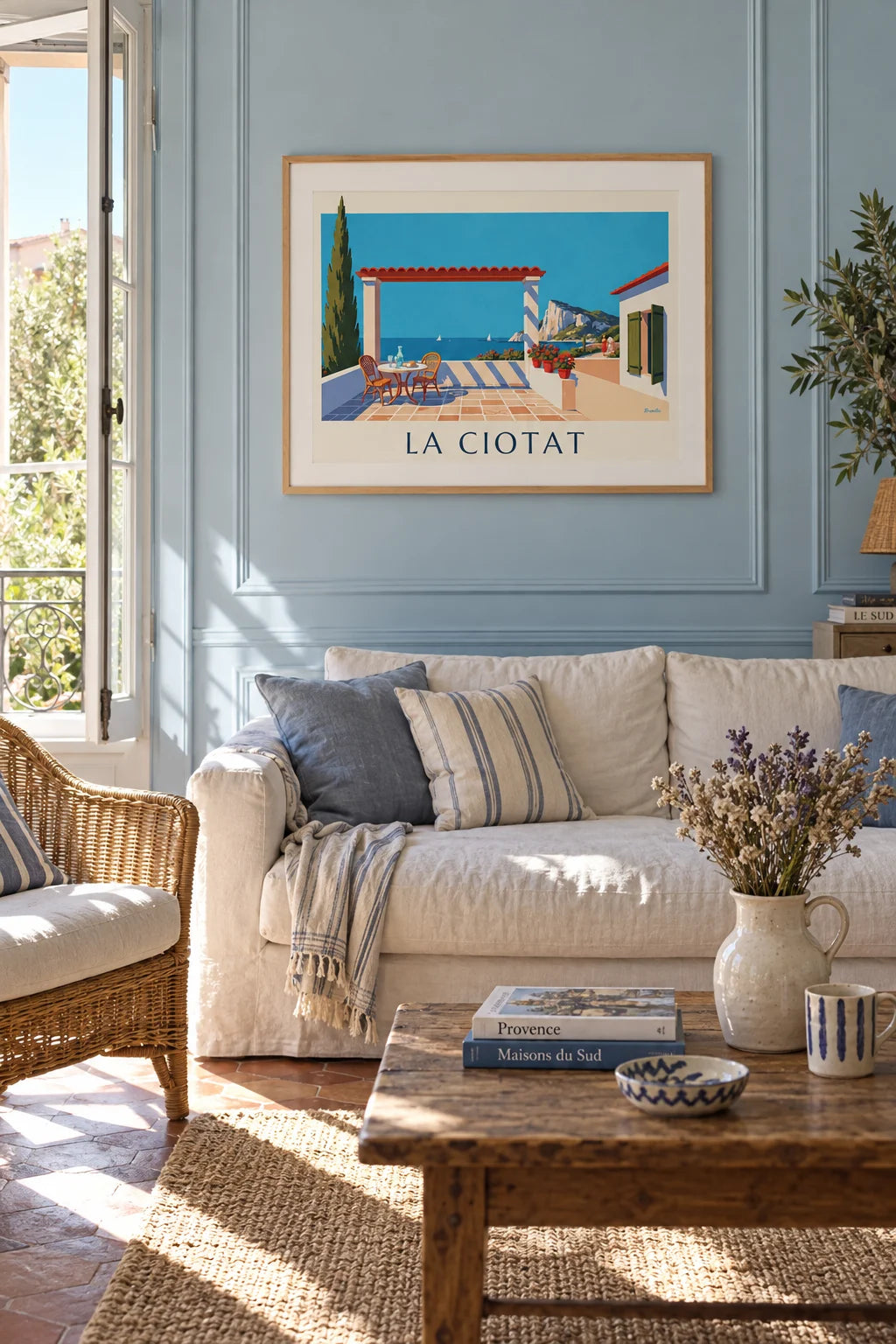 Mise en situation de Affiche terrasse méditerranéenne et Bec de l'Aigle à La Ciotat
