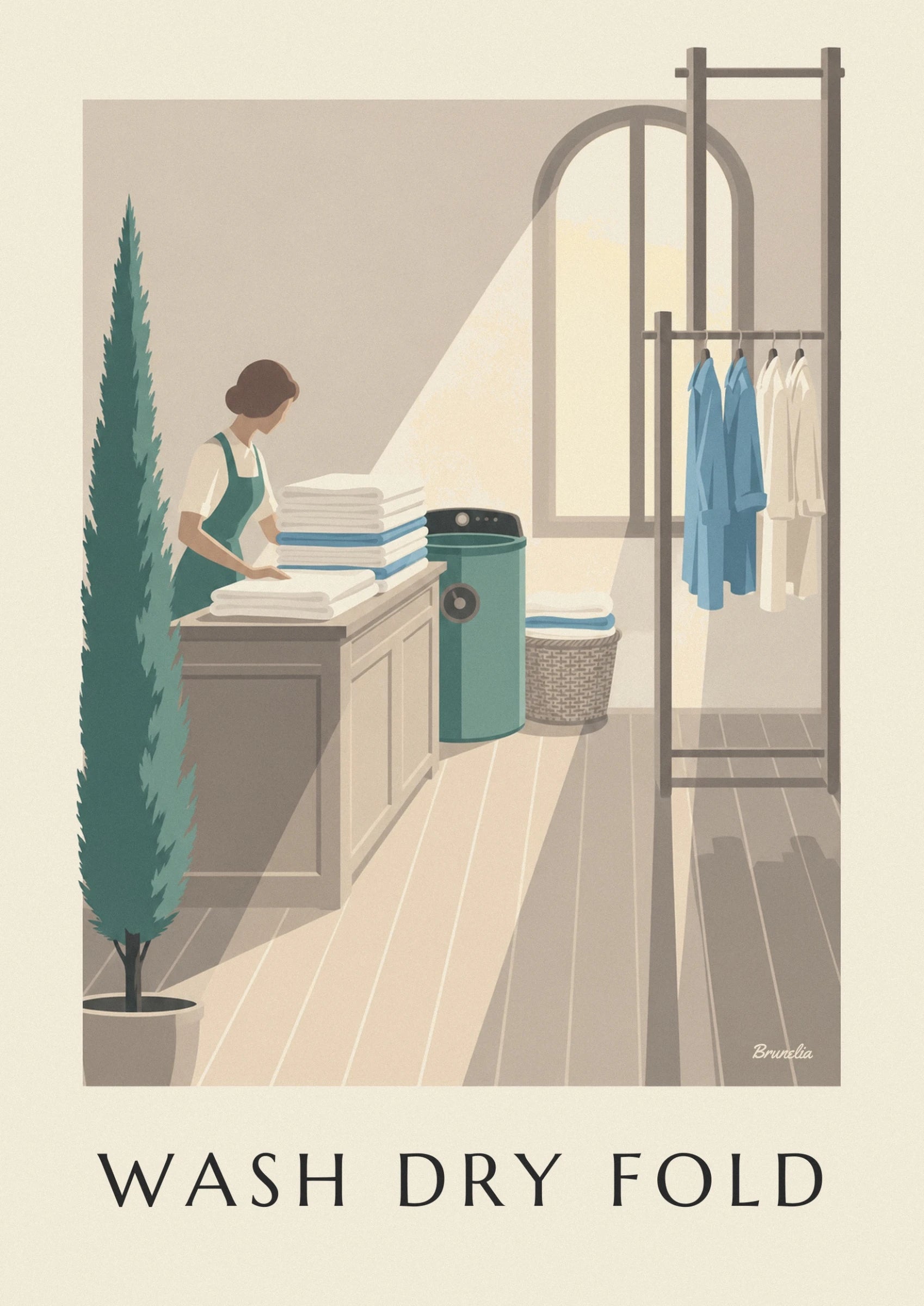 La blanchisseuse en tablier vert plie une pile de linge blanc et bleu sur le comptoir en bois