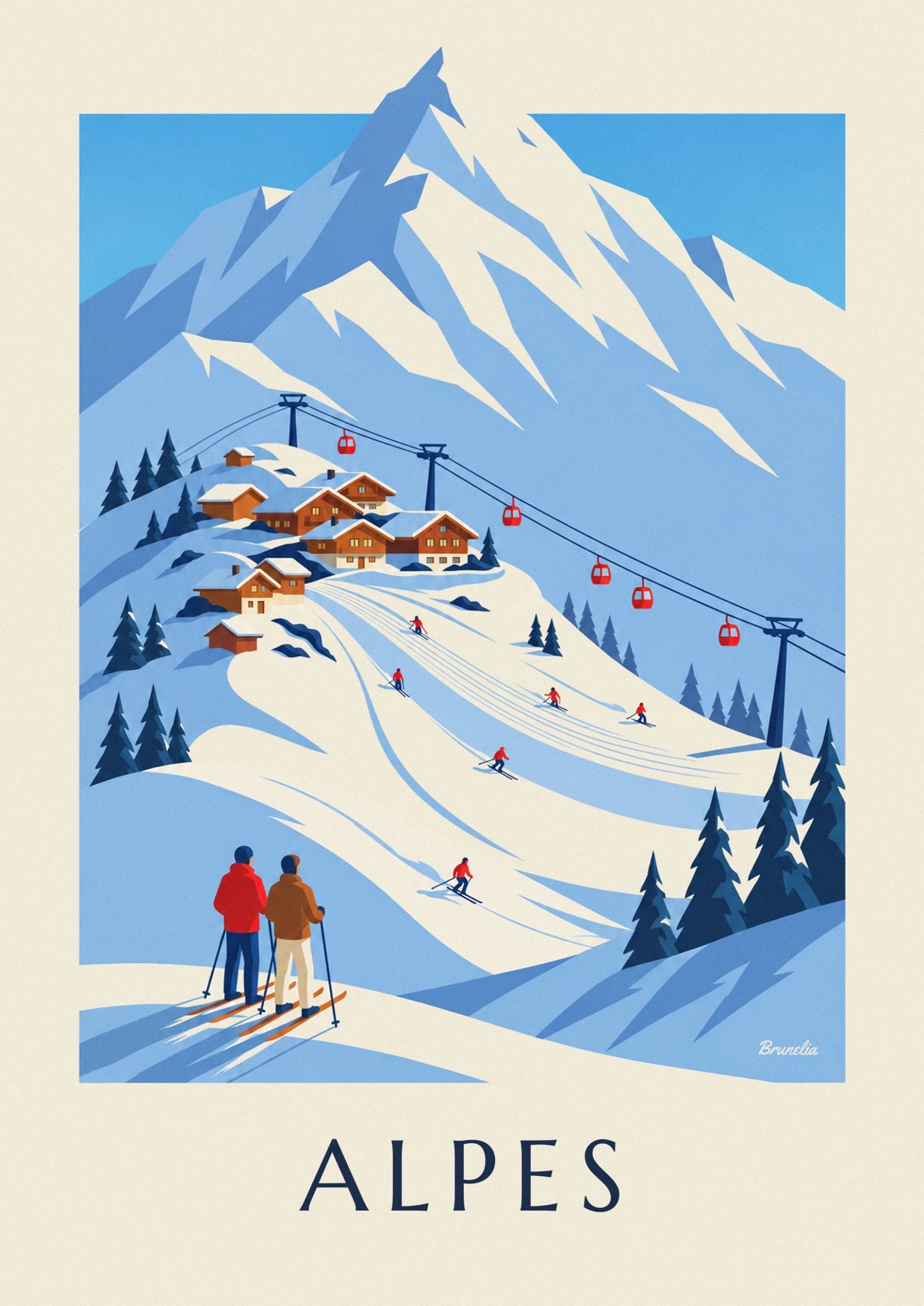 Die verschneiten Chalets des Skiorts, die Skifahrer und die rote Gondelbahn