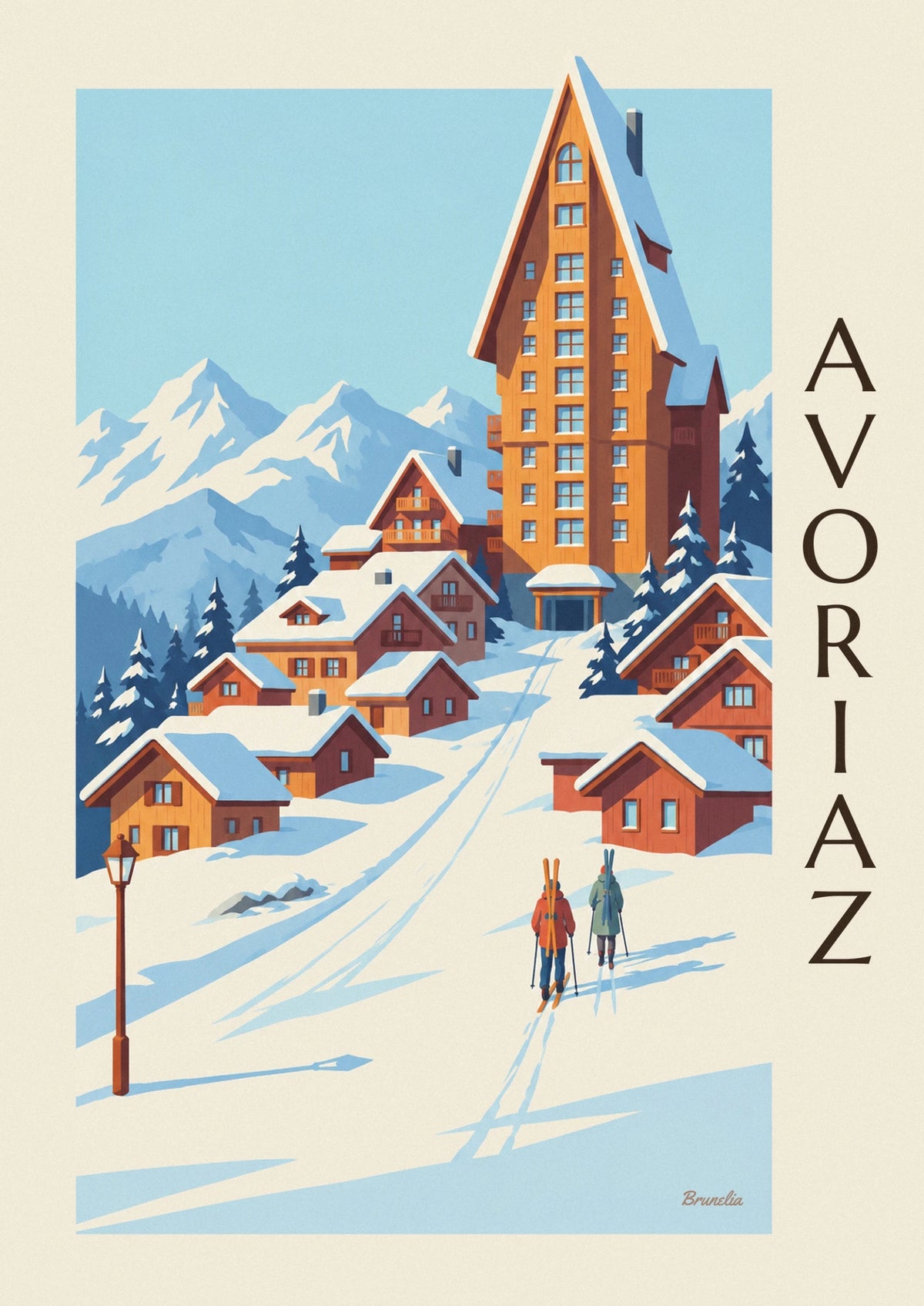 Affiche station d'Avoriaz et ses façades de bois sous la neige