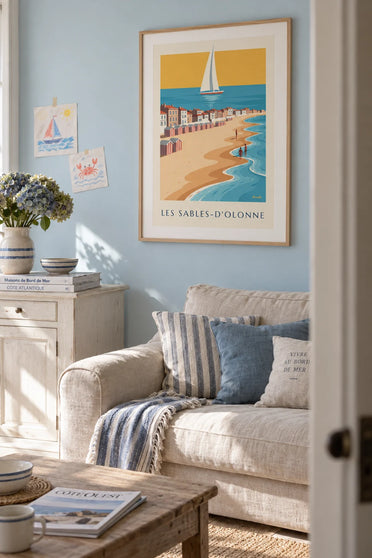 Poster of swimmers and sailboats in Les Sables-d’Olonne: framed on the wall