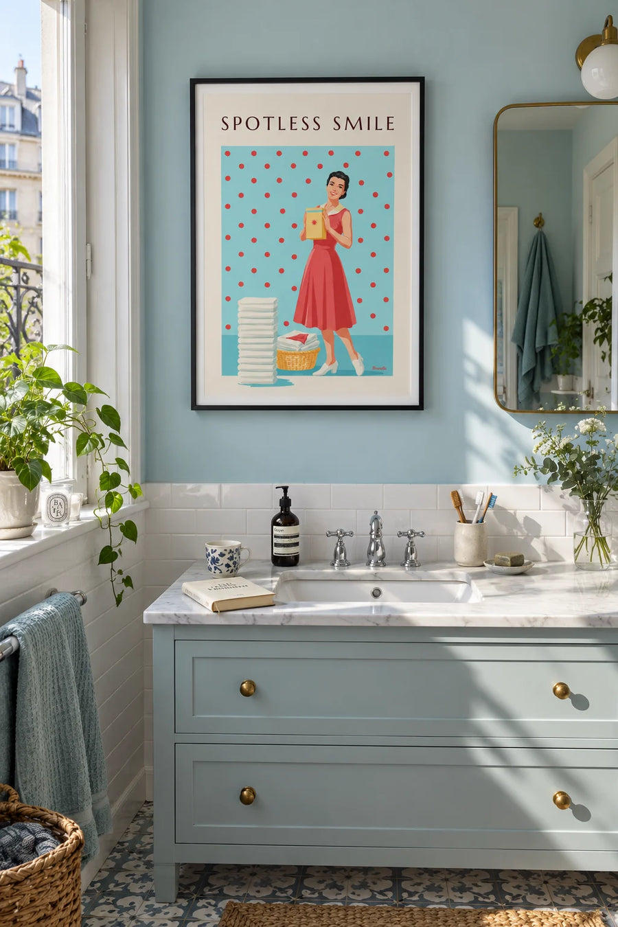 Poster of laundry detergent, a smiling woman and a polka dot background: framed on the wall