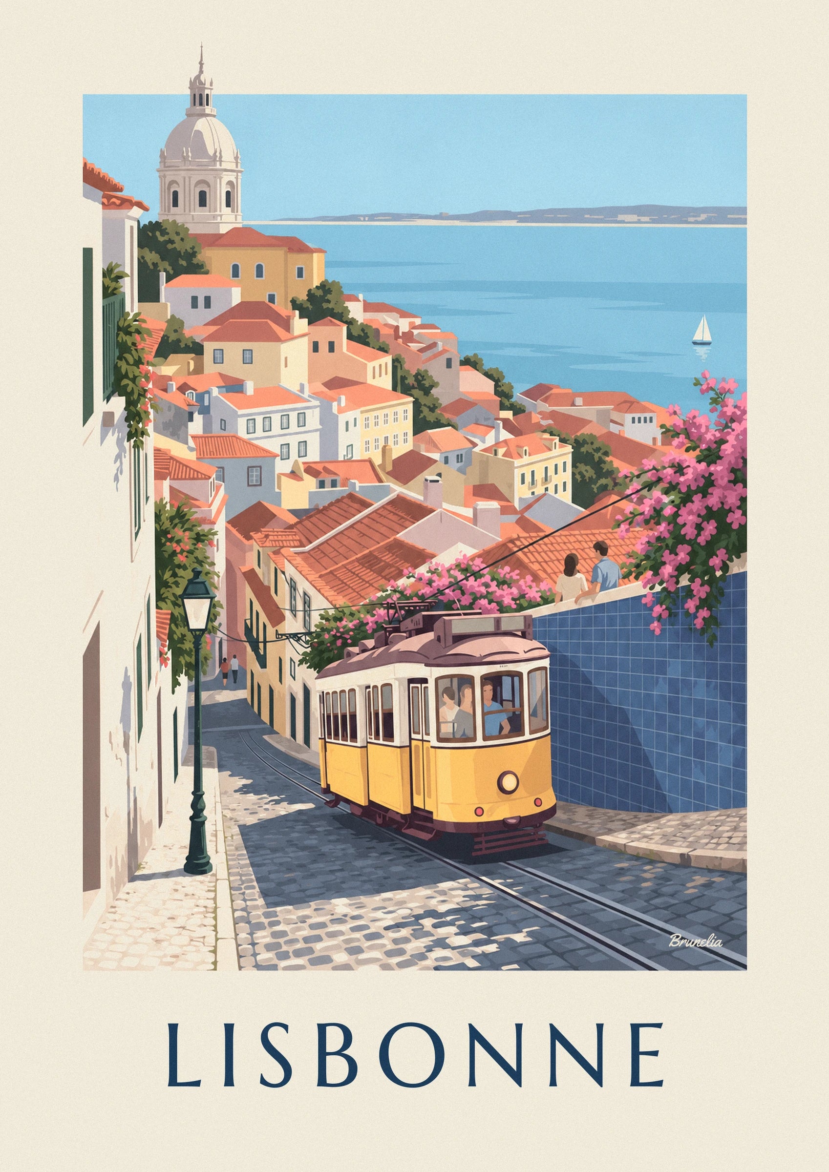 The yellow tram climbing the cobbled street, beneath pink bougainvillea and the blue azulejo wall