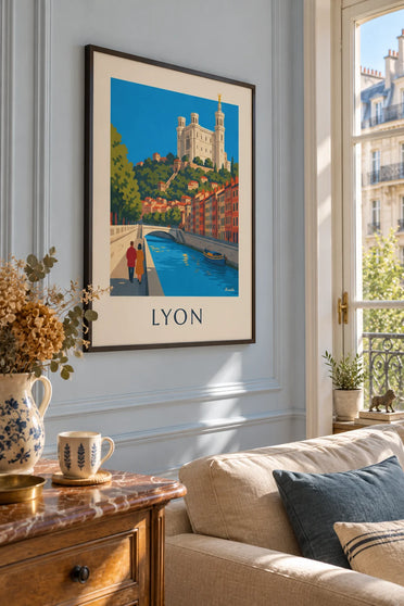 Poster Saône-kades en kabeltram van Fourvière in Lyon: ingelijst aan de muur