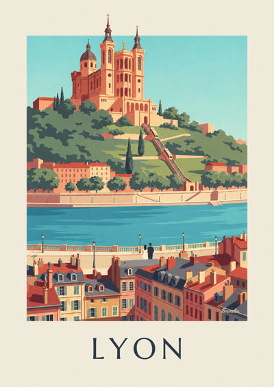 Affiche quais de Saône et funiculaire de Fourvière à Lyon : l'affiche entière
