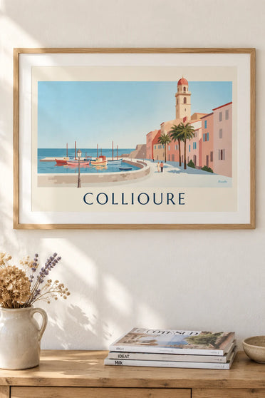 Poster of the port of Collioure, colorful boats and bell tower: framed on the wall