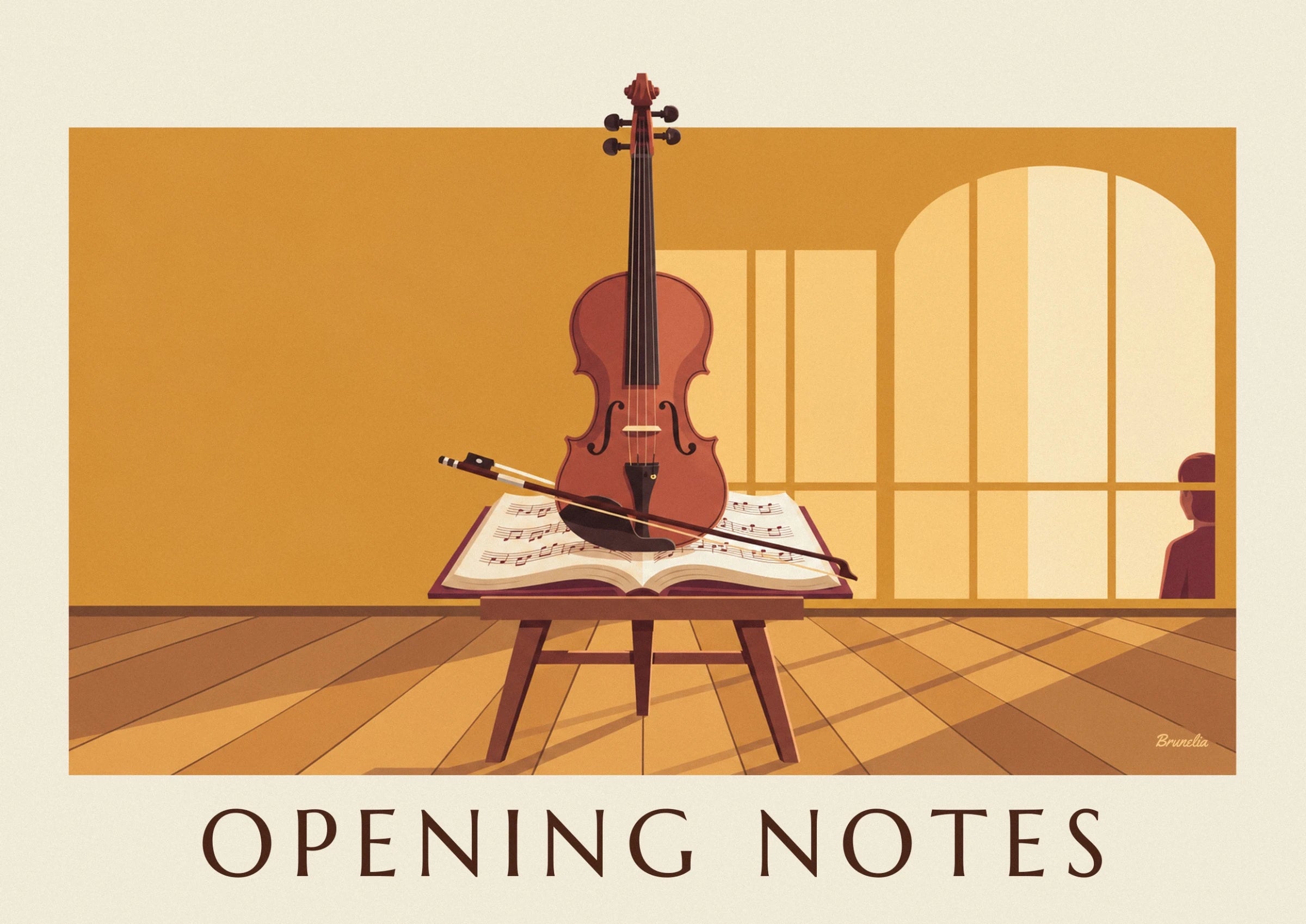 Affiche violon et archet posés sur une partition ouverte : détail en gros plan