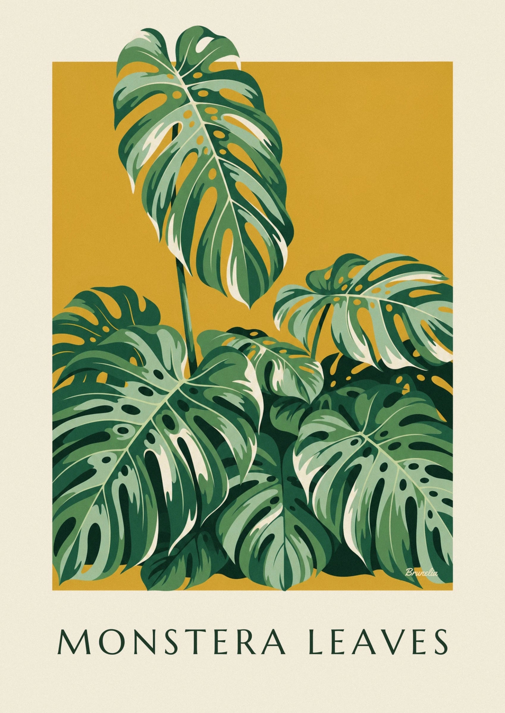A long monstera leaf with cream veins on a mustard yellow background