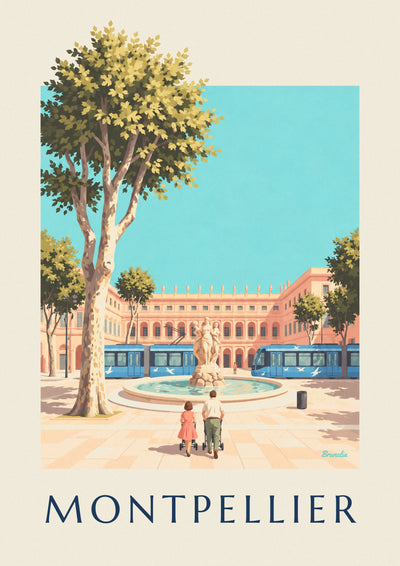Poster mit Place de la Comédie und Straßenbahn von Montpellier: das ganze Poster
