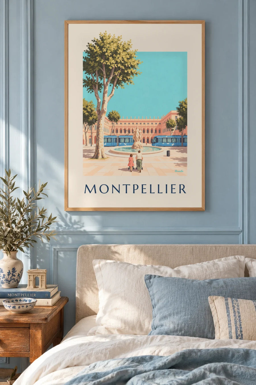 Poster Place de la Comédie und Straßenbahn von Montpellier: gerahmt an der Wand