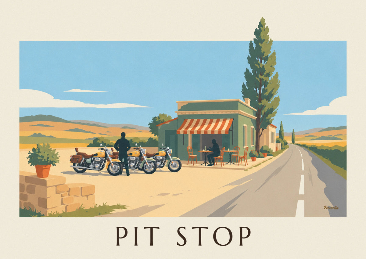 Affiche motos alignées devant un café de bord de route