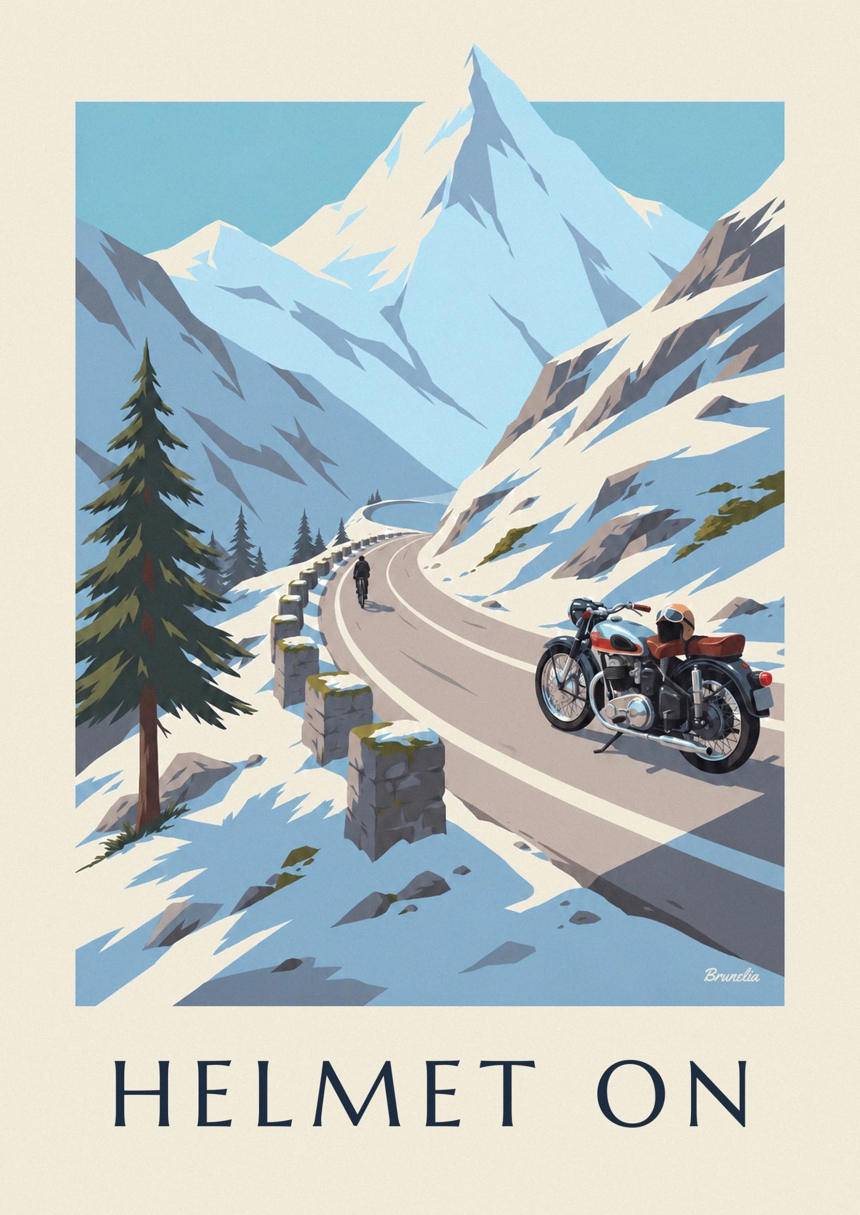 La moto bleu clair et sa selle brune, avec un casque posé près du réservoir